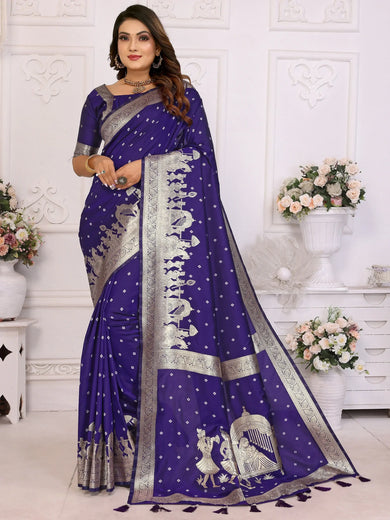 Spectacular Violet Zari Weaving Kochi Silk Wedding Saree With Blouse